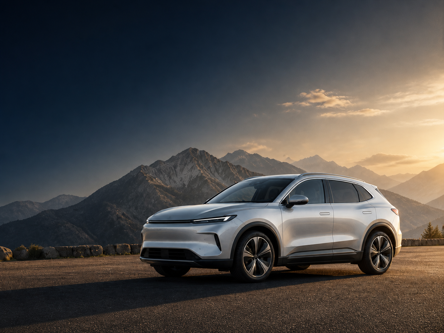Fictional silver Summit Trailhawk near a Rocky Mountain overlook